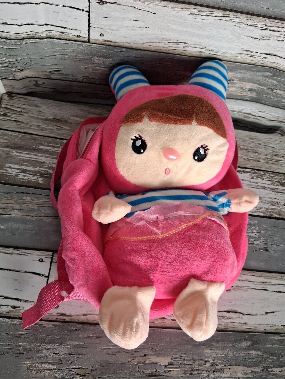 Pink Hooded Plush Doll Backpack for Kids - Cute Pink Stuffed Animal